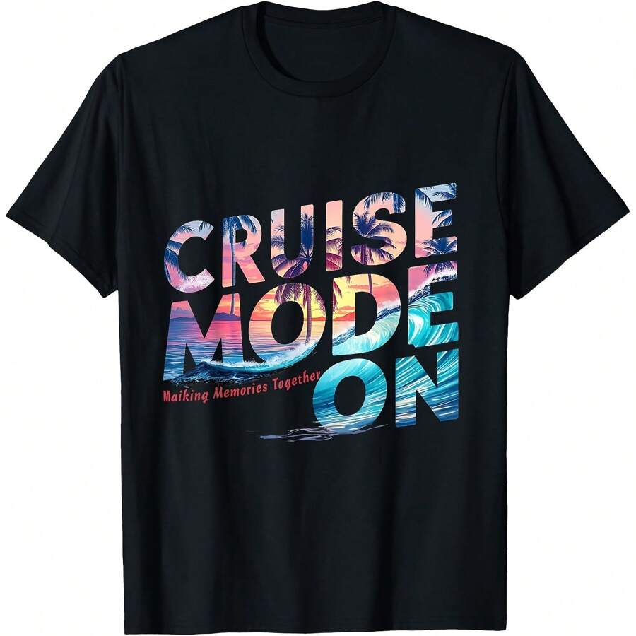 Cruise Mode On Making Memories Together Family Cruise T-Shirt Women's Plus Size Graphic Tee - 黑色 - 查看 1