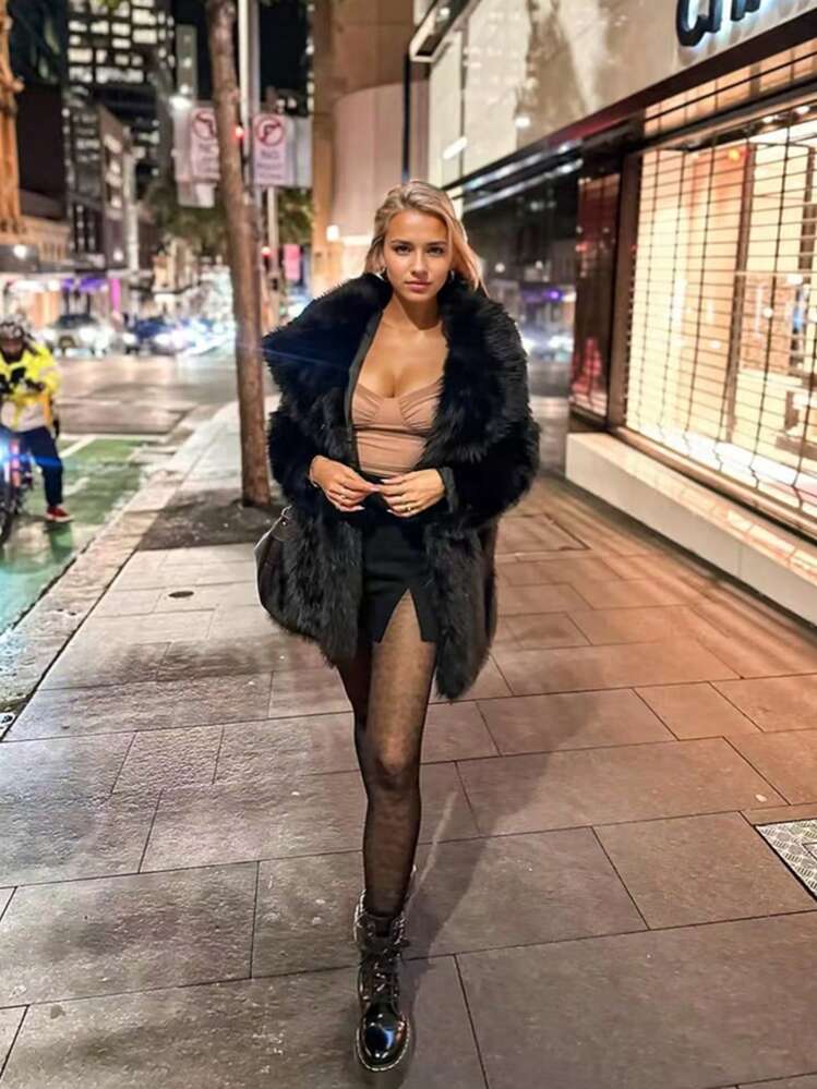 RELISH NOLESS Lapel Neck Slant Pockets Fuzzy Coat - Black - View 7