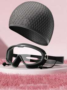 1 Stück Große Rahmen Schwimmbrille, wasserdichte antibeschlagende hochauflösende Schwimmbrille mit Ohrstöpseln, Silikon Schwimmbrille & Schwimmkappe, Unisex Erwachsene Professionelle wasserdichte bequeme Silikon Kappe, modische Große Größen Trainings Schwimmkappe
