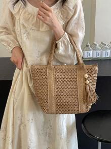 1pc Holiday Straw Shoulder Bag, Fashionable Woven Beach/Picnic Tote Bag With Tassel Decor, Casual Handmade Woven Bag Suitable For Gifts, Perfectly Matching With Vacation Outfits Women - Khaki - View 9