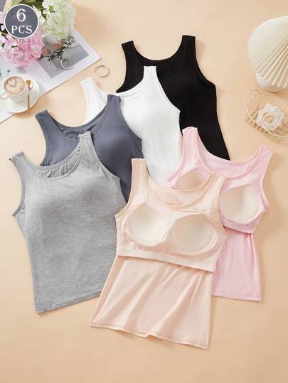 6件装女士休闲简约多色人造丝吊带背心，内置固定罩杯，修身剪裁，无钢圈文胸，适合户外室内运动健身。