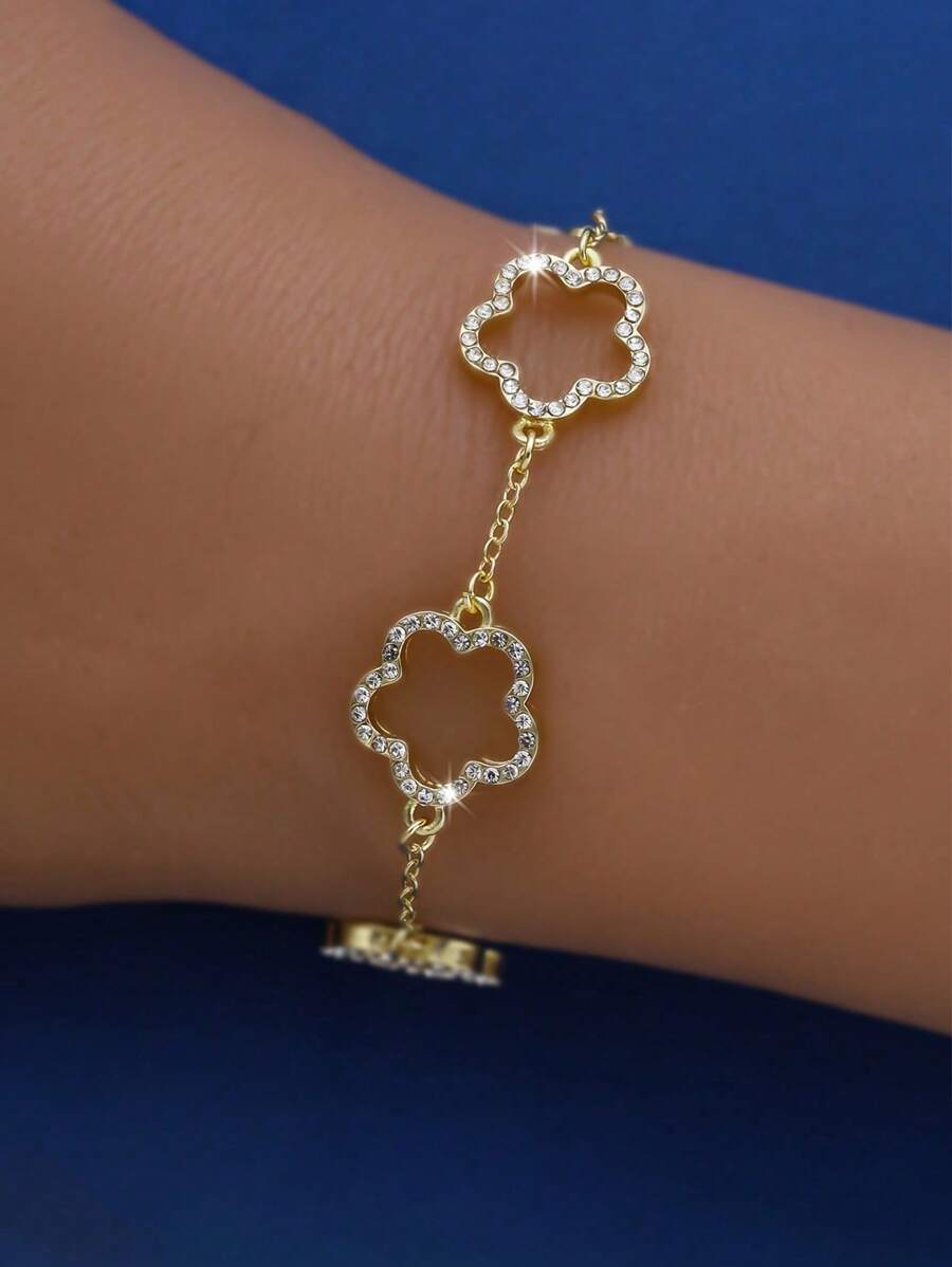 1 Pc 925 Sterling Silver Exquisite Elegant Four Leaf Clover Bracelet Five Petal Flower Bracelet For Women Fine Jewelry Party Gift Birthday Gift Daily Wear - Gold - View 1