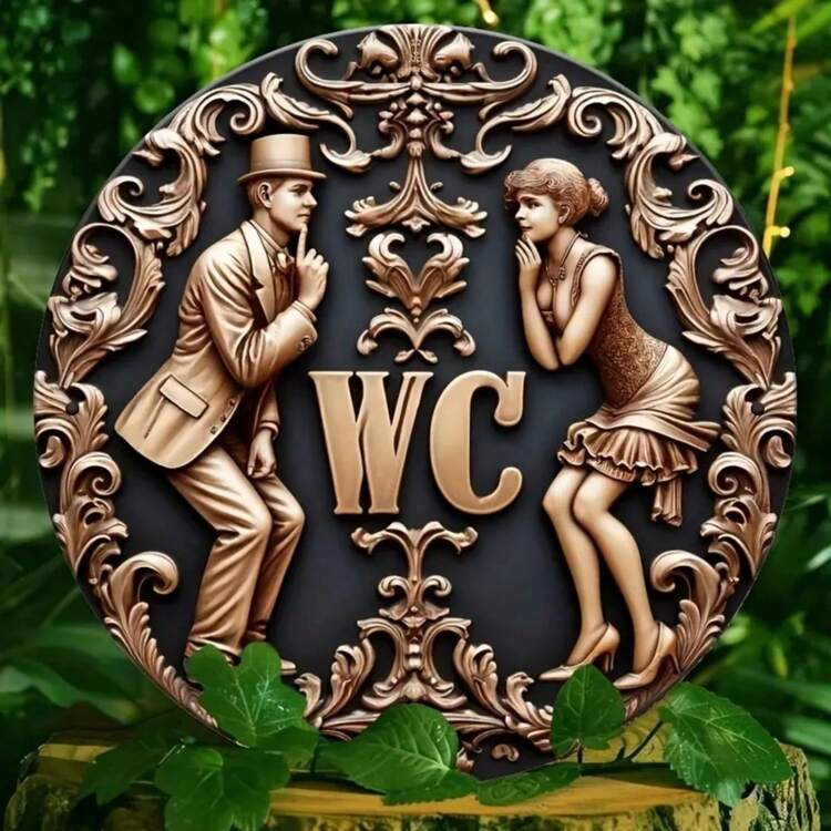 1 Peça Placa de Metal - Sinal de Banheiro Masculino/Feminino, 20 x 20 cm, Fácil de Pendurar, Arte de Parede Redonda, Adequada para Quarto, Casa, Banheiro, Quarto, Casamento, Jardim, Decoração de Sala de Estar, Posição Aleatória de Furos - Multicolorido - Visão 5