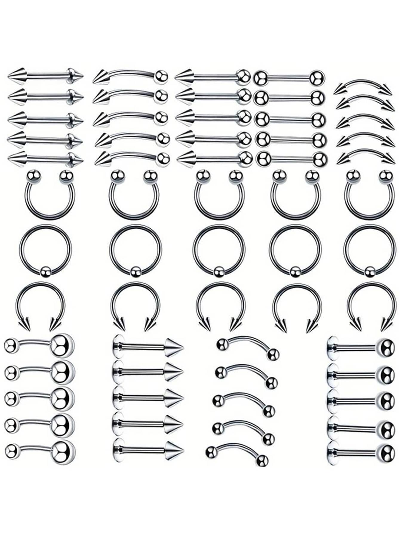 60 件男女通用不锈钢多用途鼻环、鼻环、耳环、身体穿孔首饰套装、礼物 - 銀色 - 查看 1