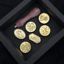 Set de ștampile din ceară din aliaj de aur, 6 bucăți, cu mâner de lemn înlocuibil - pisică cu model de camelie pentru invitații, felicitări, plicuri și ambalaje de cadouri, ștampile, modele florale