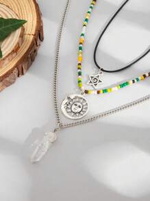 3pcs/Set Vintage Bohemian & Hippie Style Asymmetrical Crystal Pendant & Bead Necklace, Women Daily & Vacation Decorative Jewelry Set (Crystal Shape & Size May Vary)