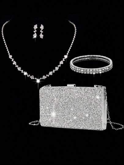 女士优雅奢华水钻装饰手拿包、链条单肩包、耳环、项链、手链套装