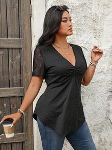 Women's Lace Patchwork Short Sleeve V-Neck Top With Silver Decor - Black - View 5