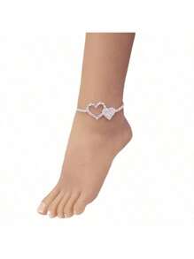 1pc Luxurious Elegant Crystal Heart Anklet - Silver - View 3