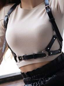 1pc Women's PU Leather Gothic Style Adjustable Suspender Waist Belt, Fashion Accessory - Black - View 5
