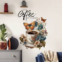 花朵咖啡杯墙贴蝴蝶英文字母装饰贴纸水彩花朵厨柜窗户墙贴花 - 彩色 - 查看 11