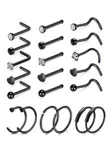 21pcs Black Nose Ring Butterfly Shaped Stainless Steel Nose Ring Set, Mini Black Nose Stud Nose Hoop With Heart & Various Shapes Decoration, Body Piercing Facial Jewelry For Women Gifts
