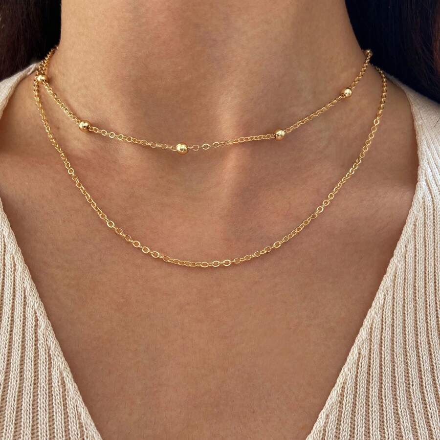 1pc Golden Beaded Necklace For Women, Minimalist Style Fashion Casual Everyday Wear Necklace - Gold - View 1