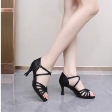 1 Pair Women's Latin Dance Shoes, Soft Sole, Satin High Heel, Professional Dance Shoes For Dancing School, Dance Learners, Suitable For Festivals And Dance Practice