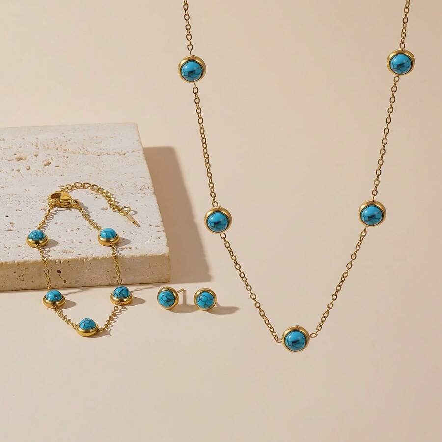1 套时尚优雅绿松石项链吊坠耳环手链首饰套装，适合节日佩戴 - 藍色 - 查看 1