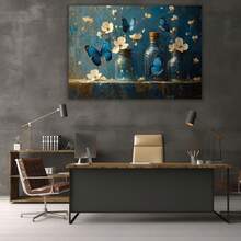 Flower Art Print On Canvas, Blue Butterflies And Small White Flowers In A Glass Bottle Watercolor Botanical Canvas Painting Poster With Frame, Suitable For Living Room, Studio Hallway, Art Exhibition, Perfect Birthday Gift, (White)