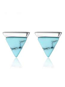 1 Pair Turquoise Triangle Stud Earrings, S925 Sterling Silver Platinum Plated Fashion Luxury Ear Studs, Unisex - Silver - View 2