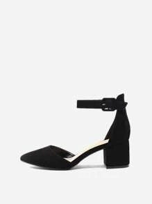 Women Pointed Toe Low Chunky Heels Pumps Ankle Strap Elegant Versatile Simple Shoes