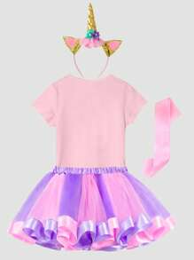 Young Girl Pink Unicorn "Happy Birthday" Graphic T-Shirt And Purple/Pink Tulle Skirt Set With Headband And Sash, Party Outfit