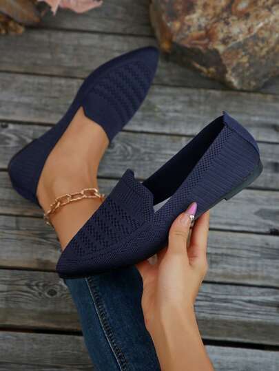 Women's Knit Breathable Pointed Toe Slip-On Flat Shoes, Lightweight, Fashion Casual Work Outdoor Street Comfort, Plus Size