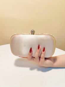1pc Elegant Romantic Solid Color Pearl Beaded, Crystal Rhinestone Inlaid Hard Box Evening Bag, For Party, Wedding, Gathering
