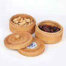 1pc 5.5*3.1 Inch Wicker Rattan Braided Round Storage Box For Snacks, Cosmetics, Jewelry, Dried Fruits, Desk Organizer