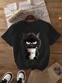 卡通图案印花休闲女士T恤，春夏时尚女士上衣，夏季上衣，女士夏装，图案T恤女上衣
