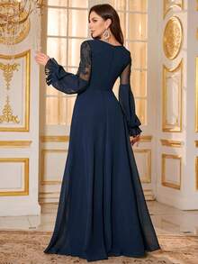 SUPGIR Women's Round Neck Lantern Sleeve Luxury Pearl & Sequin Patchwork Chiffon Party Dress Wedding Spring - Navy Blue - View 2