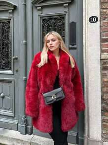 RELISH NOLESS Lapel Neck Slant Pockets Fuzzy Coat - Red - View 1