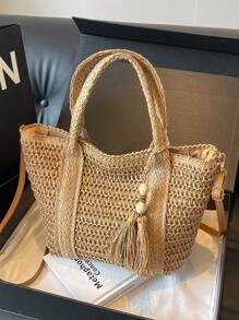 1pc Holiday Straw Shoulder Bag, Fashionable Woven Beach/Picnic Tote Bag With Tassel Decor, Casual Handmade Woven Bag Suitable For Gifts, Perfectly Matching With Vacation Outfits Women - Khaki - View 2