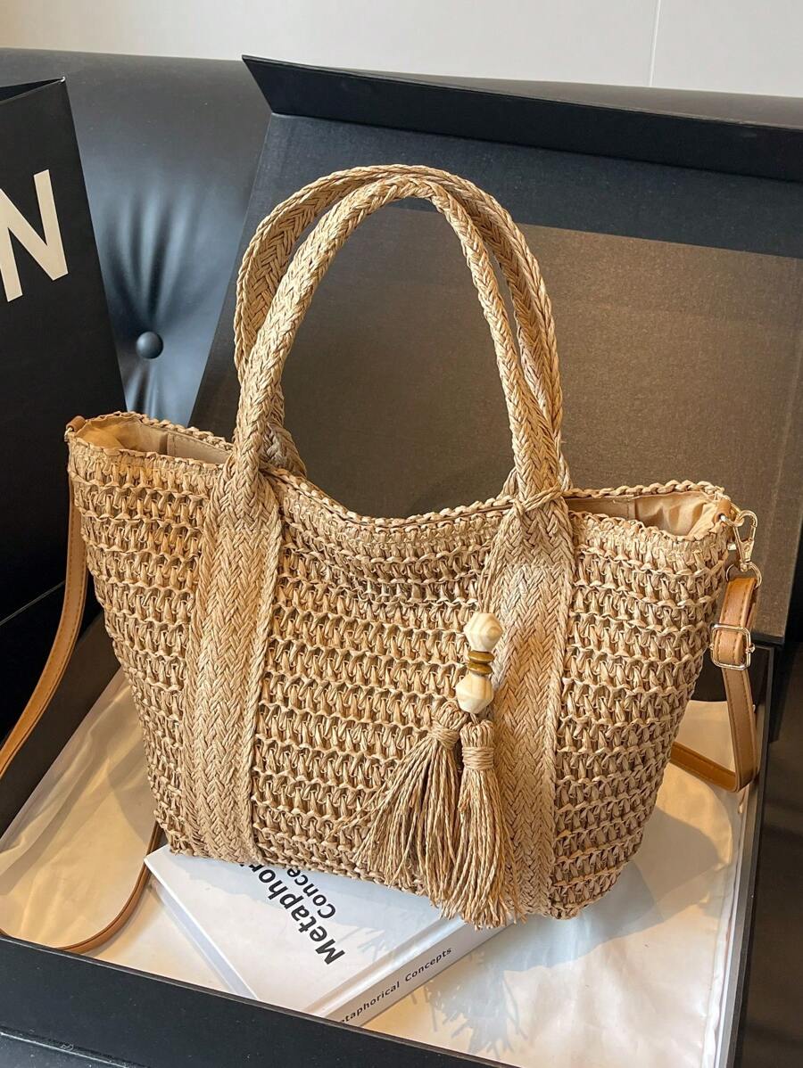 1pc Holiday Straw Shoulder Bag, Fashionable Woven Beach/Picnic Tote Bag With Tassel Decor, Casual Handmade Woven Bag Suitable For Gifts, Perfectly Matching With Vacation Outfits Women