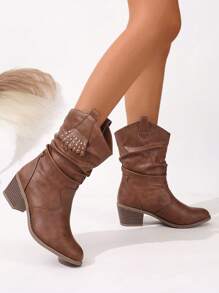 Brown Fringe Rivets Pleated Slip-On Round Toe Chunky Heel Casual Versatile Riding Boots, Commuter Style For Women, Autumn/Winter - Brown - View 4