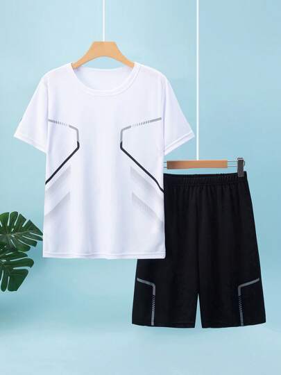 2pcs/Set Teen Boys Sports Outfit, Short Sleeve T-Shirt Top And Athletic Running Shorts Set