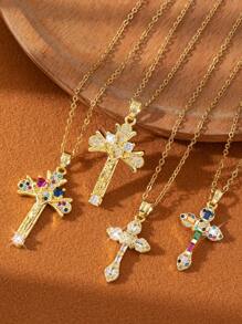 1件装百搭简约圣母玛利亚吊坠项链，女士个性化简约十字架首饰设计（彩色水钻随机） - 銀色 - 查看 1