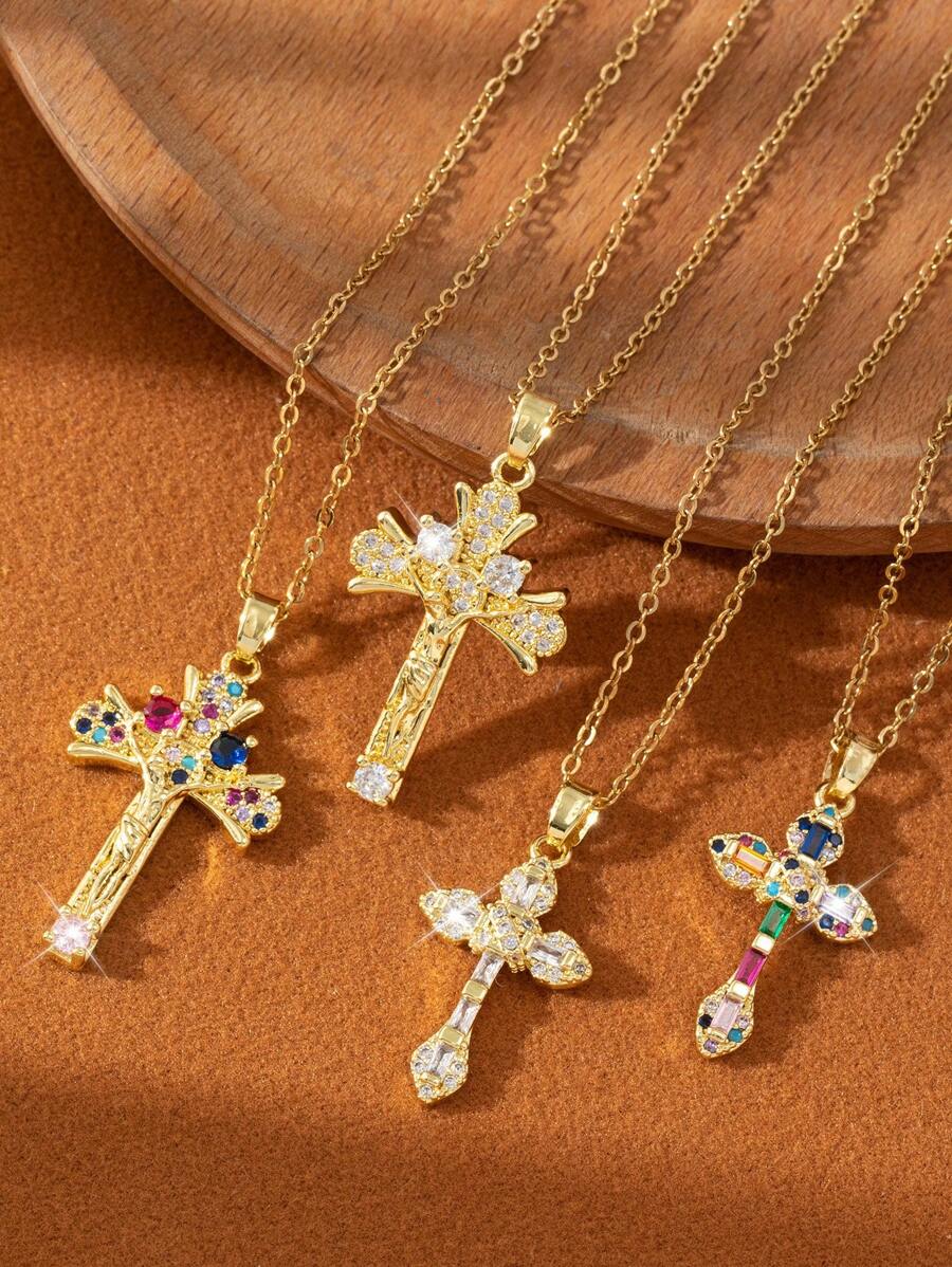 1件装百搭简约圣母玛利亚吊坠项链，女士个性化简约十字架首饰设计（彩色水钻随机） - 銀色 - 查看 1