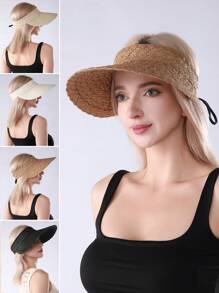 Beach Straw Sun Hat For Women Crochet Frayed Floppy Bucket Hat Wide Brim Sun Protection Straw Hat - A - View 1