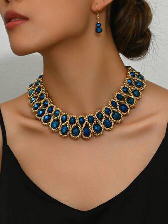 [Luxury Minimalist Style] Handmade Artificial Crystal Necklace Set For Women, Classic Fashion Jewelry For Birthday Party, Date, Beach, Vacation & Multipurpose Accessories