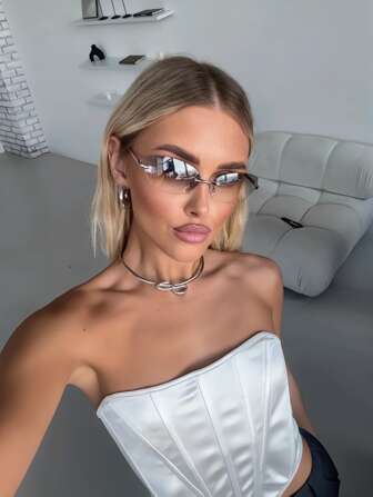 1pc Unisex Vintage PC (Polycarbonate) Fashionable Frameless Oval Glasses With Metal Hinges, Comfortable Ultra-Light Large Size Metal Glasses, Suitable For Driving, Vacation, Fashion Accessory, Retro Glasses (Please Note There May Be Color Difference From The Image)