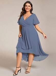 Plus Size Women Chiffon Ruffle Hem Solid Color Elegant High-Low Bridesmaid Dress - Dusty Blue - View 4