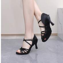 1 Pair Women's Latin Dance Shoes, Soft Sole, Satin High Heel, Professional Dance Shoes For Dancing School, Dance Learners, Suitable For Festivals And Dance Practice