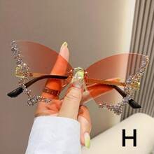 1pc Rhinestone Decor Large Frame Fashion Butterfly Eyeglasses, Women's Photography & Party Fashion Glasses For Summer Beach Vacation,Outdoor,Travel