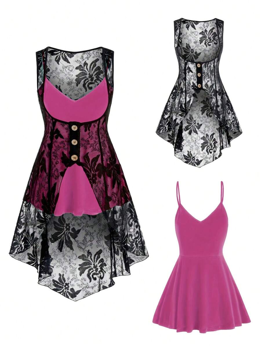 Plus Size Women's 2 Pieces Outfit Sheer Mesh Cover Up & Camisole Set, See Through Lounge Wear" (Size 1X-5X)