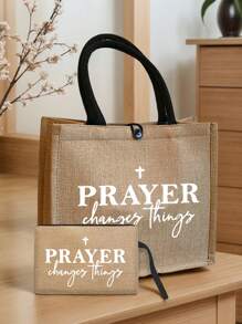 Geantă tote din in negru cu model inspirațional de litere și geantă de machiaj, geantă de cumpărături portabilă