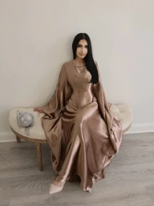 Women Loose Robe, Soft Satin Butterfly Skirt, Solid Waisted Batwing Sleeve Robe - Gold - View 1