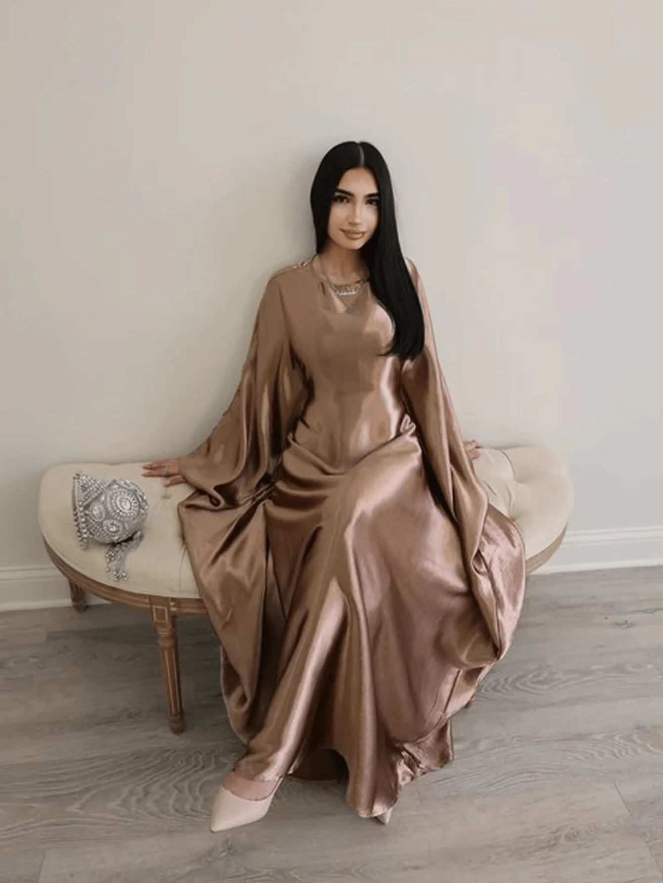 Women Loose Robe, Soft Satin Butterfly Skirt, Solid Waisted Batwing Sleeve Robe - Gold - View 1