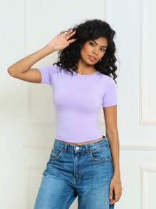 Moderna & Slim Kit 3: Baby Tee Feminina - Blusa Slim Fit Manga Curta - 1 Preto 1 Marrom 1 Lilás - Visão 7
