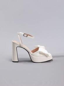 Women's Bowknot Waterproof Platform Sandals, Shiny PU Leather Thick Sole Open Toe Summer Wedding Party Square Toe Chunky High Heel Shoes, White - White - View 10