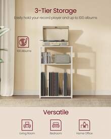 VASAGLE Record Player Stand, 3-Tier Side Table, Vinyl Record Storage Up To 100 Albums, End Table For Living Room, Bedroom - White - View 2