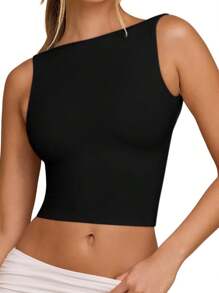 Open Back Tops For Women High Neck Sleeveless Crop Tank Tops Y2k Backless Crop Tops - 黑色 - 查看 2