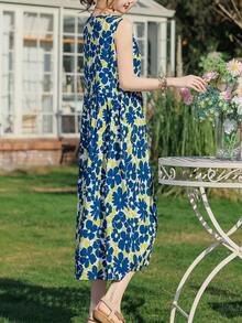 夏季新款女士休闲印花优雅中长连衣裙 - 藍色 - 查看 6